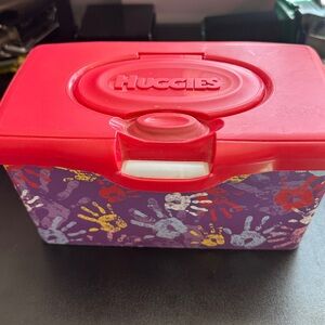 HUGGIES WIPES CONTAINER RED PURPLE HANDS PRINT EMPTY PLASTIC REFILLABLE BOX